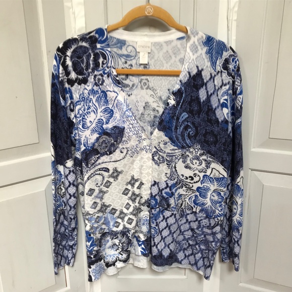 Chico's Sweaters - Chico's Blue and White Floral Button Down Cardigan